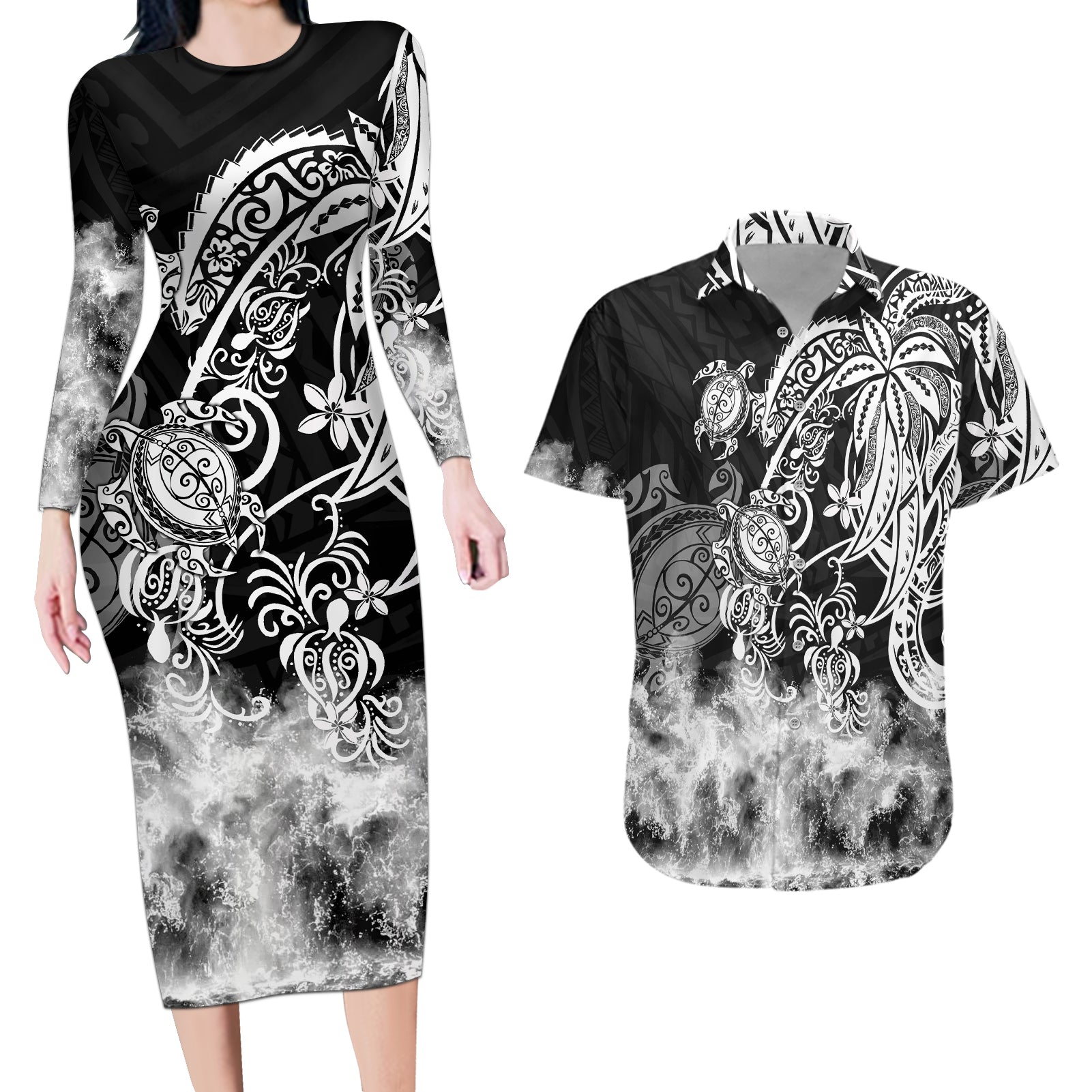 Polynesian Sea Turtle Couples Matching Long Sleeve Bodycon Dress and Hawaiian Shirt Tribal Black LT6 - Wonder Print Shop