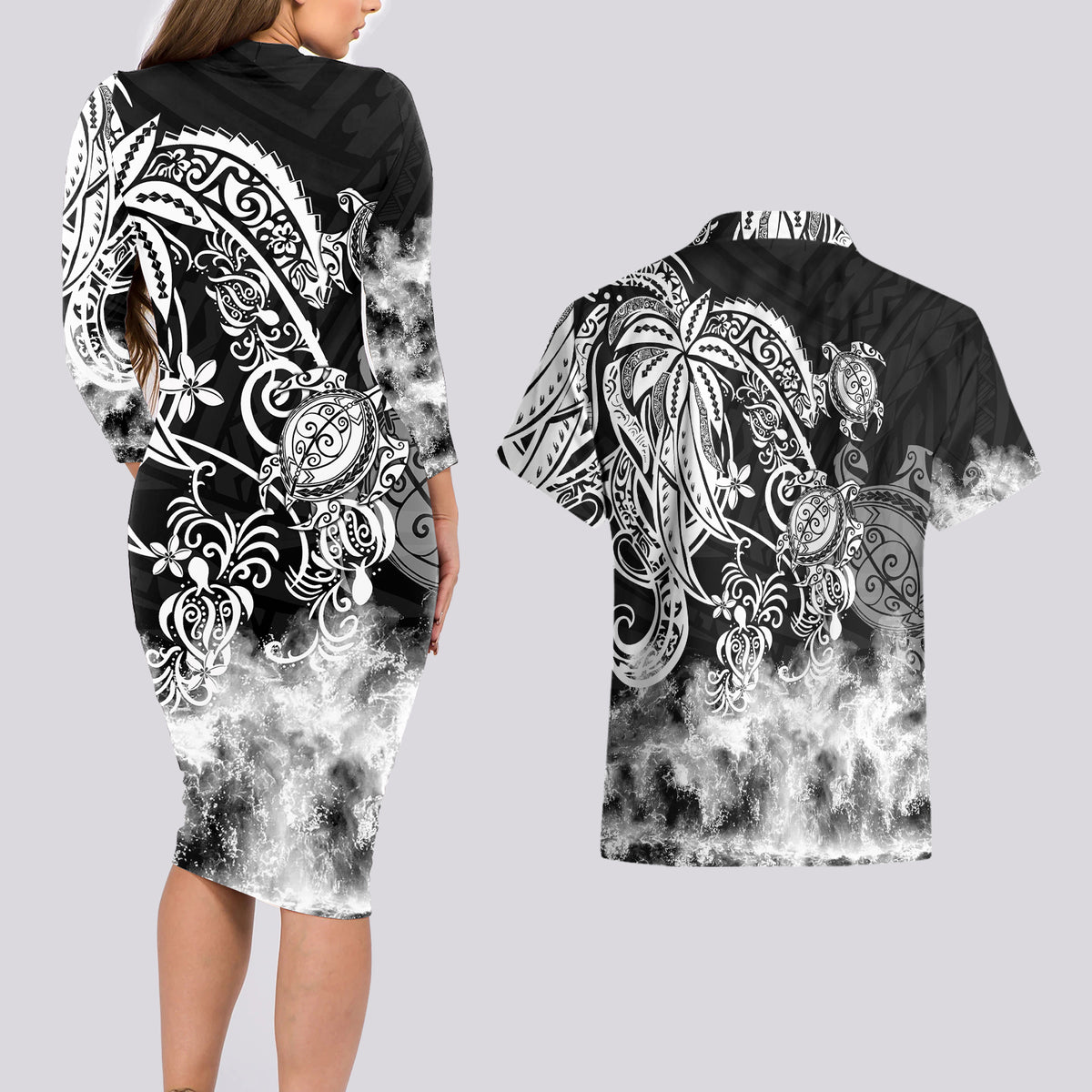 Polynesian Sea Turtle Couples Matching Long Sleeve Bodycon Dress and Hawaiian Shirt Tribal Black LT6 - Wonder Print Shop