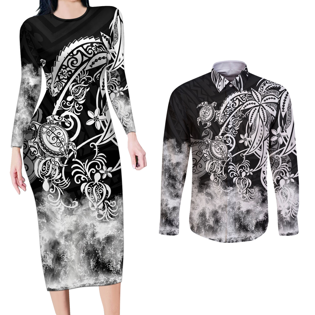 Polynesian Sea Turtle Couples Matching Long Sleeve Bodycon Dress and Long Sleeve Button Shirts Tribal Black LT6 - Wonder Print Shop