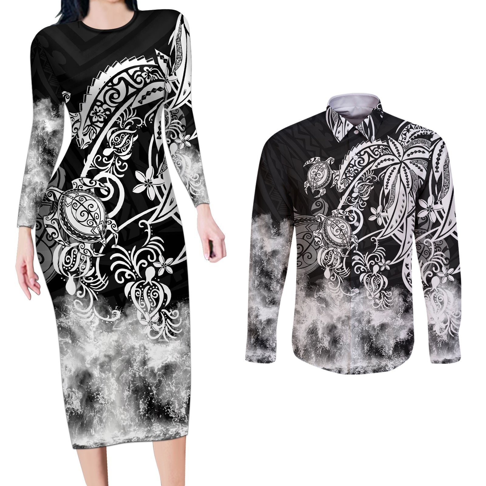 Polynesian Sea Turtle Couples Matching Long Sleeve Bodycon Dress and Long Sleeve Button Shirts Tribal Black LT6 - Wonder Print Shop