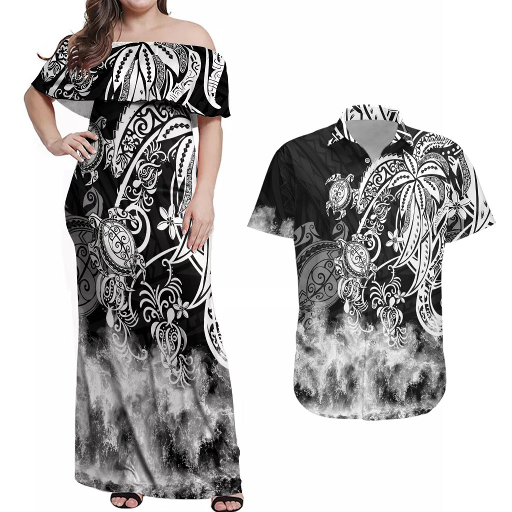 Polynesian Sea Turtle Couples Matching Off Shoulder Maxi Dress and Hawaiian Shirt Tribal Black LT6 - Wonder Print Shop
