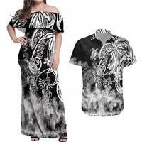 Polynesian Sea Turtle Couples Matching Off Shoulder Maxi Dress and Hawaiian Shirt Tribal Black LT6 - Wonder Print Shop