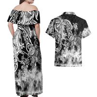Polynesian Sea Turtle Couples Matching Off Shoulder Maxi Dress and Hawaiian Shirt Tribal Black LT6 - Wonder Print Shop