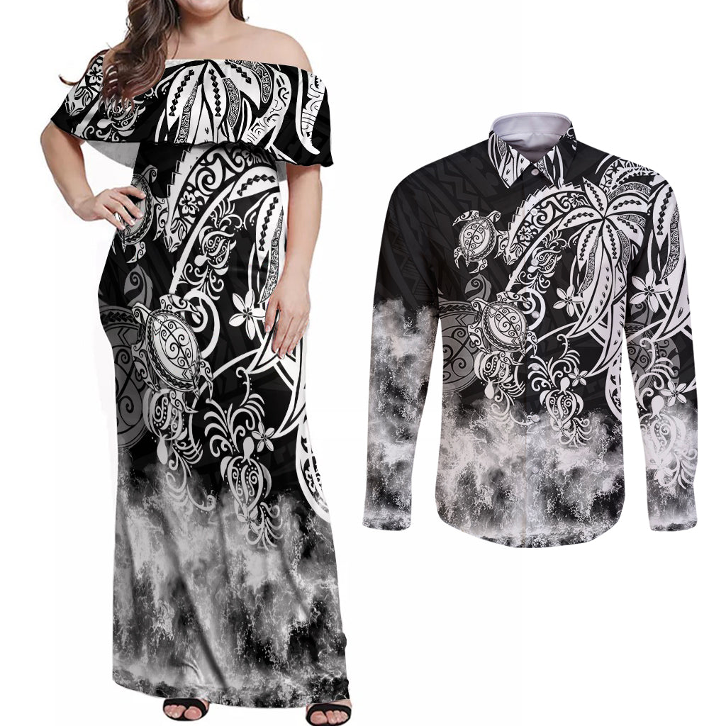 Polynesian Sea Turtle Couples Matching Off Shoulder Maxi Dress and Long Sleeve Button Shirts Tribal Black LT6 - Wonder Print Shop