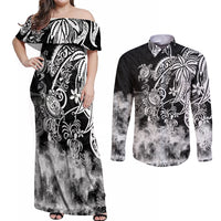Polynesian Sea Turtle Couples Matching Off Shoulder Maxi Dress and Long Sleeve Button Shirts Tribal Black LT6 - Wonder Print Shop
