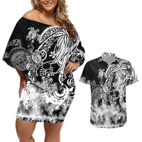 Polynesian Sea Turtle Couples Matching Off Shoulder Short Dress and Hawaiian Shirt Tribal Black LT6 - Wonder Print Shop
