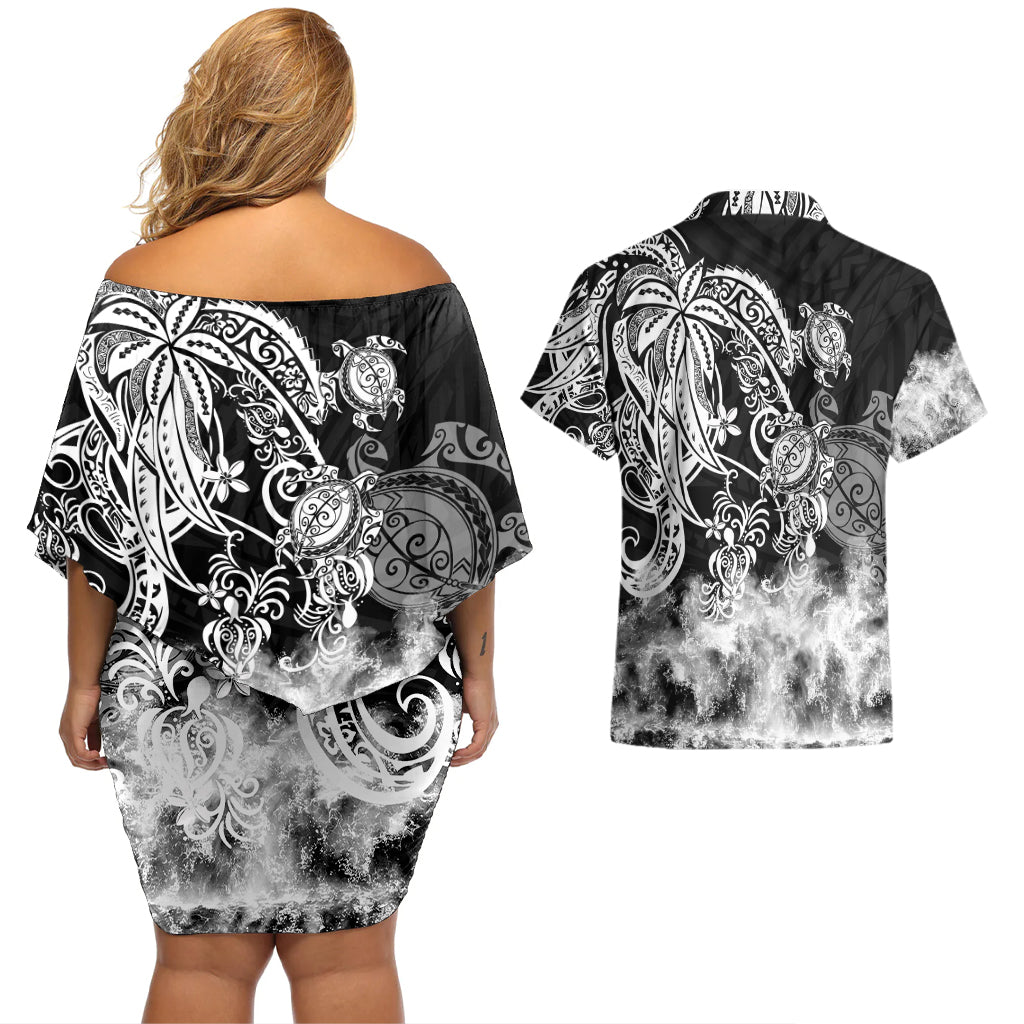 Polynesian Sea Turtle Couples Matching Off Shoulder Short Dress and Hawaiian Shirt Tribal Black LT6 - Wonder Print Shop