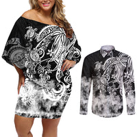 Polynesian Sea Turtle Couples Matching Off Shoulder Short Dress and Long Sleeve Button Shirts Tribal Black LT6 - Wonder Print Shop