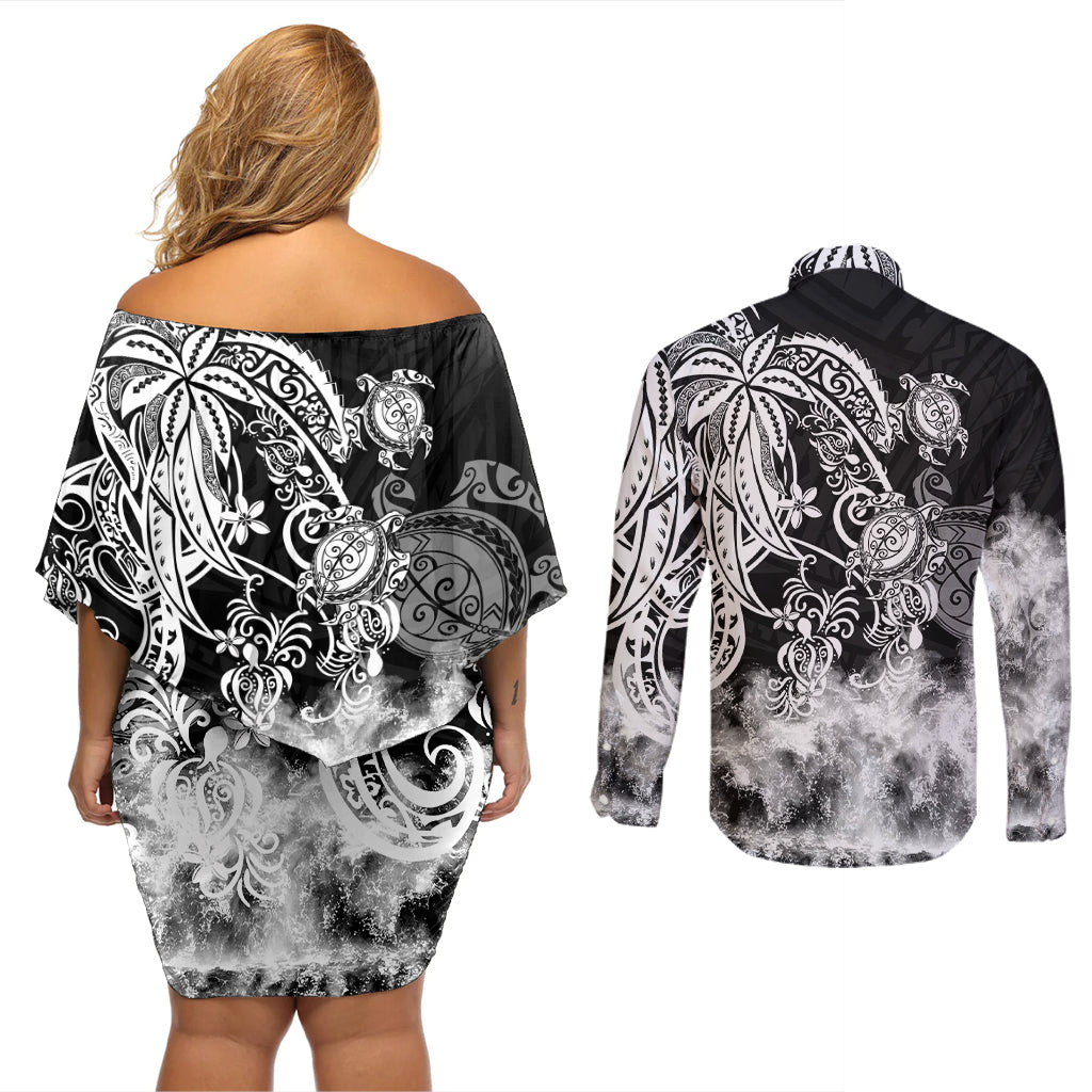 Polynesian Sea Turtle Couples Matching Off Shoulder Short Dress and Long Sleeve Button Shirts Tribal Black LT6 - Wonder Print Shop