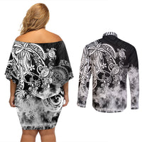 Polynesian Sea Turtle Couples Matching Off Shoulder Short Dress and Long Sleeve Button Shirts Tribal Black LT6 - Wonder Print Shop