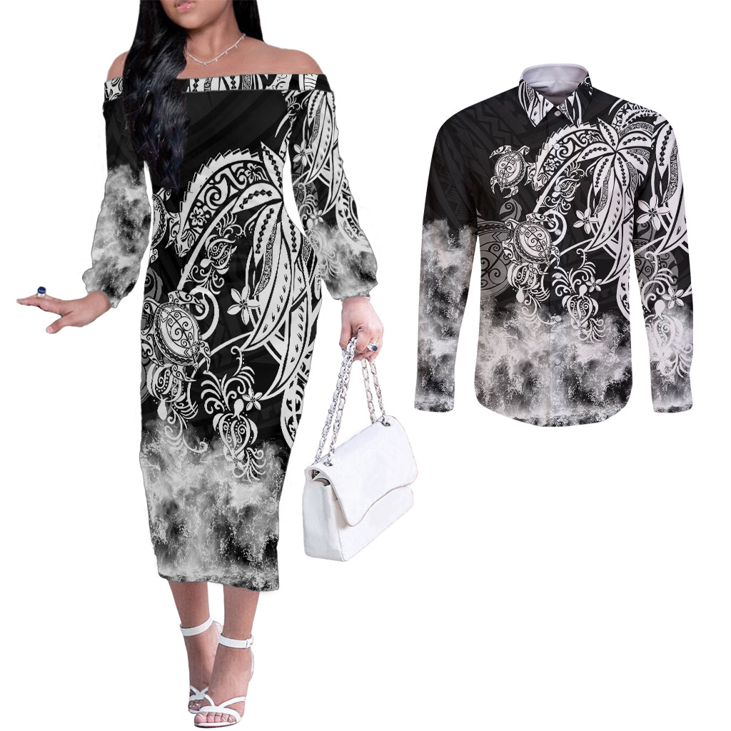 polynesian-sea-turtle-couples-matching-off-the-shoulder-long-sleeve-dress-and-long-sleeve-button-shirts-tribal-black