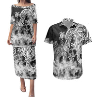 Polynesian Sea Turtle Couples Matching Puletasi Dress and Hawaiian Shirt Tribal Black LT6 - Wonder Print Shop