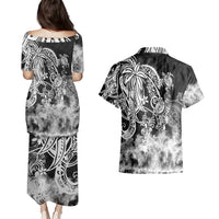 Polynesian Sea Turtle Couples Matching Puletasi Dress and Hawaiian Shirt Tribal Black LT6 - Wonder Print Shop