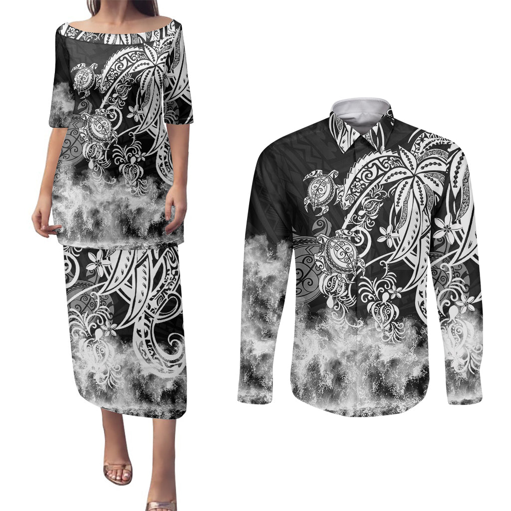 Polynesian Sea Turtle Couples Matching Puletasi Dress and Long Sleeve Button Shirts Tribal Black LT6 - Wonder Print Shop