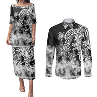 Polynesian Sea Turtle Couples Matching Puletasi Dress and Long Sleeve Button Shirts Tribal Black LT6 - Wonder Print Shop