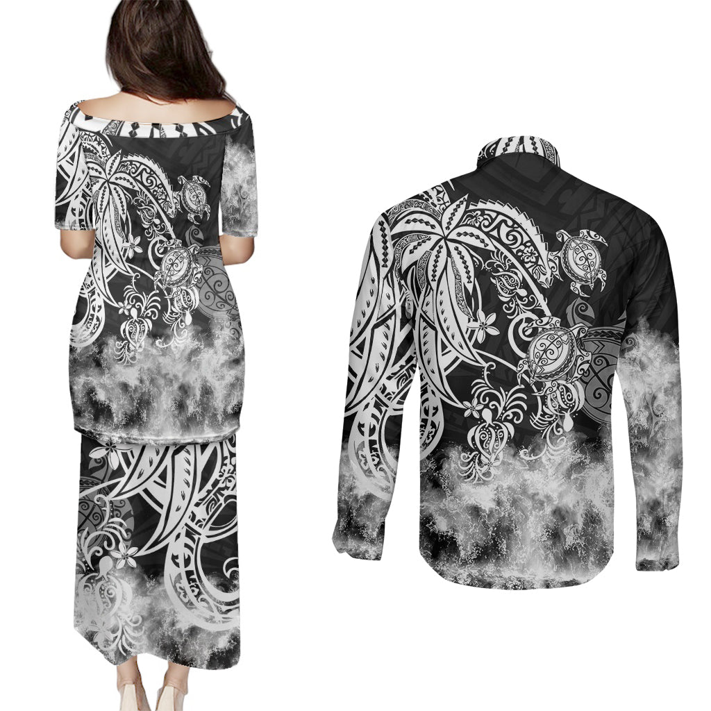 Polynesian Sea Turtle Couples Matching Puletasi Dress and Long Sleeve Button Shirts Tribal Black LT6 - Wonder Print Shop