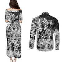 Polynesian Sea Turtle Couples Matching Puletasi Dress and Long Sleeve Button Shirts Tribal Black LT6 - Wonder Print Shop