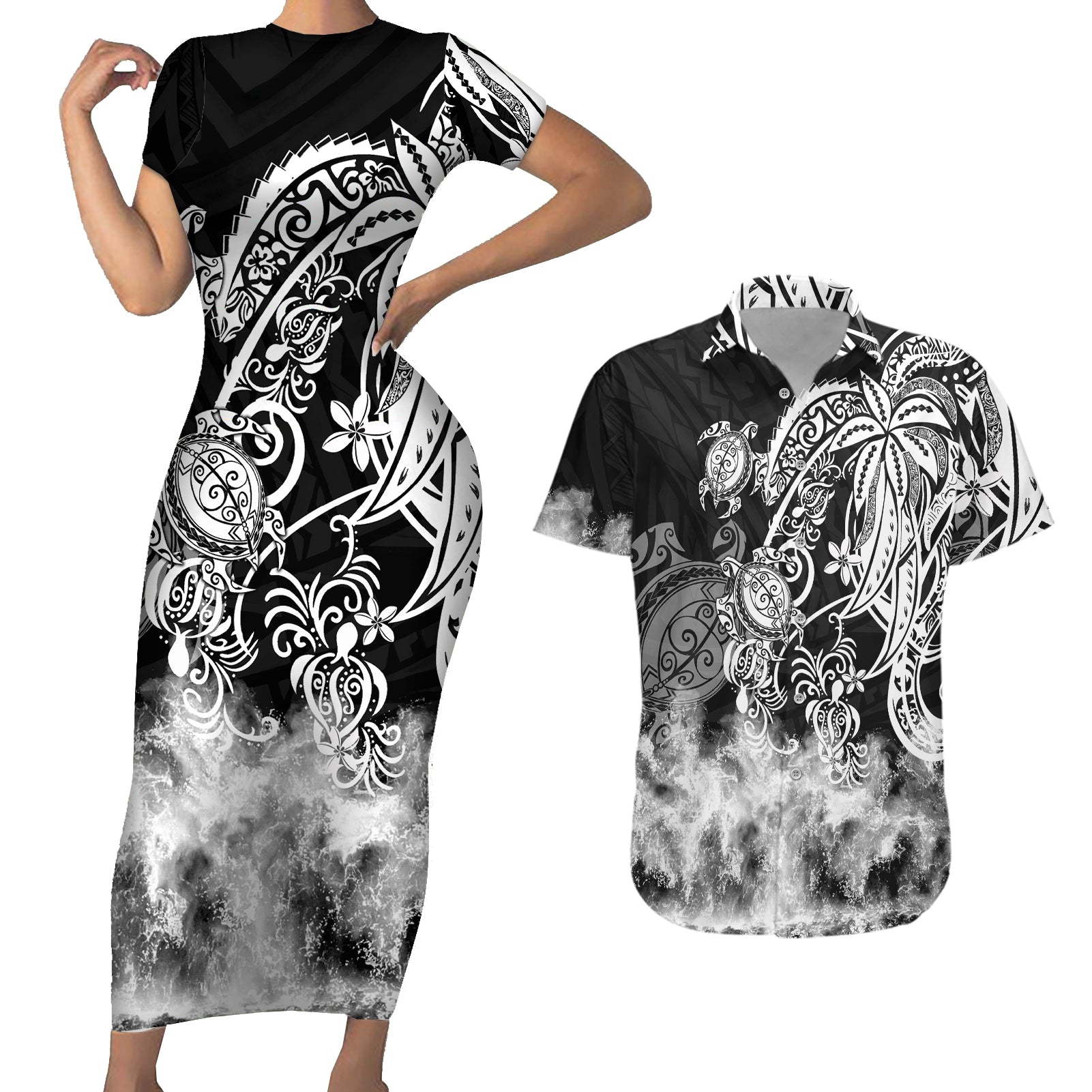 Polynesian Sea Turtle Couples Matching Short Sleeve Bodycon Dress and Hawaiian Shirt Tribal Black LT6 - Wonder Print Shop