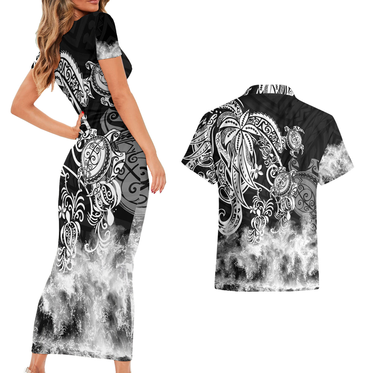 Polynesian Sea Turtle Couples Matching Short Sleeve Bodycon Dress and Hawaiian Shirt Tribal Black LT6 - Wonder Print Shop