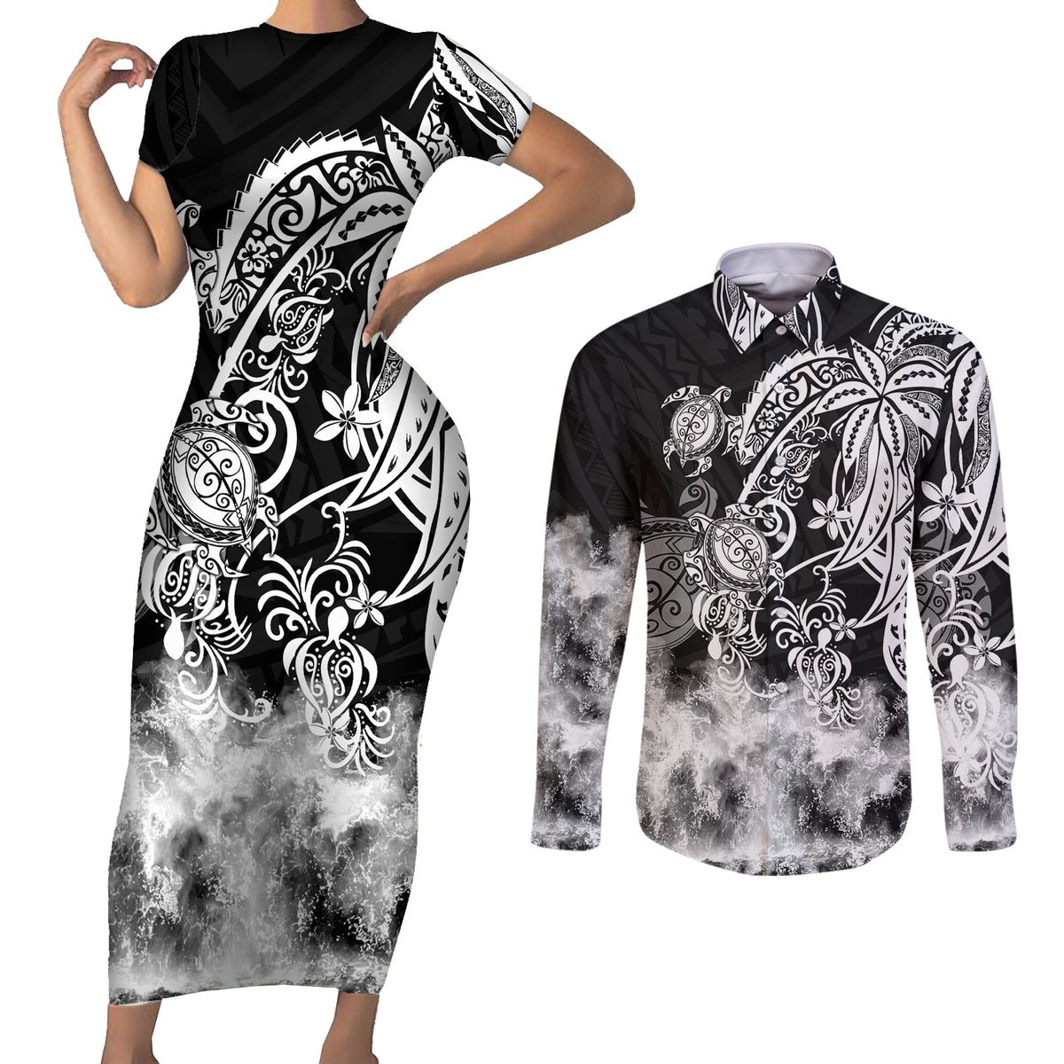 Polynesian Sea Turtle Couples Matching Short Sleeve Bodycon Dress and Long Sleeve Button Shirts Tribal Black LT6 - Wonder Print Shop
