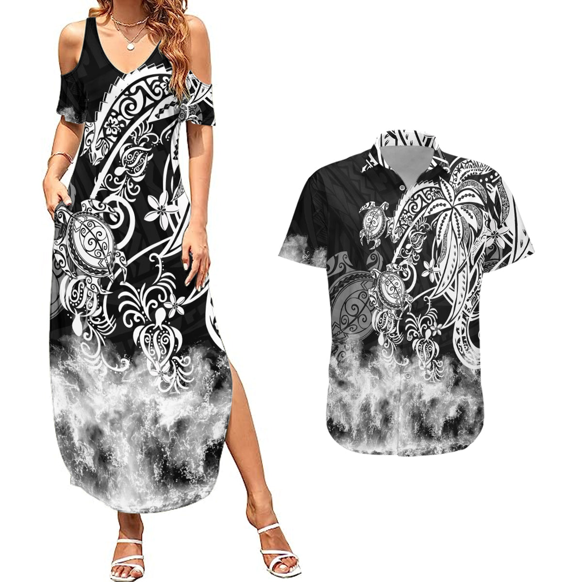 Polynesian Sea Turtle Couples Matching Summer Maxi Dress and Hawaiian Shirt Tribal Black LT6 - Wonder Print Shop