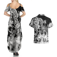 Polynesian Sea Turtle Couples Matching Summer Maxi Dress and Hawaiian Shirt Tribal Black LT6 - Wonder Print Shop