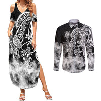 Polynesian Sea Turtle Couples Matching Summer Maxi Dress and Long Sleeve Button Shirts Tribal Black LT6 - Wonder Print Shop