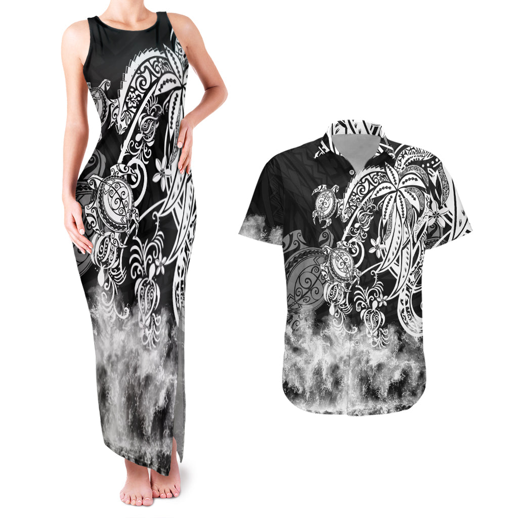 Polynesian Sea Turtle Couples Matching Tank Maxi Dress And Hawaiian Shirt Tribal Black LT6 - Wonder Print Shop