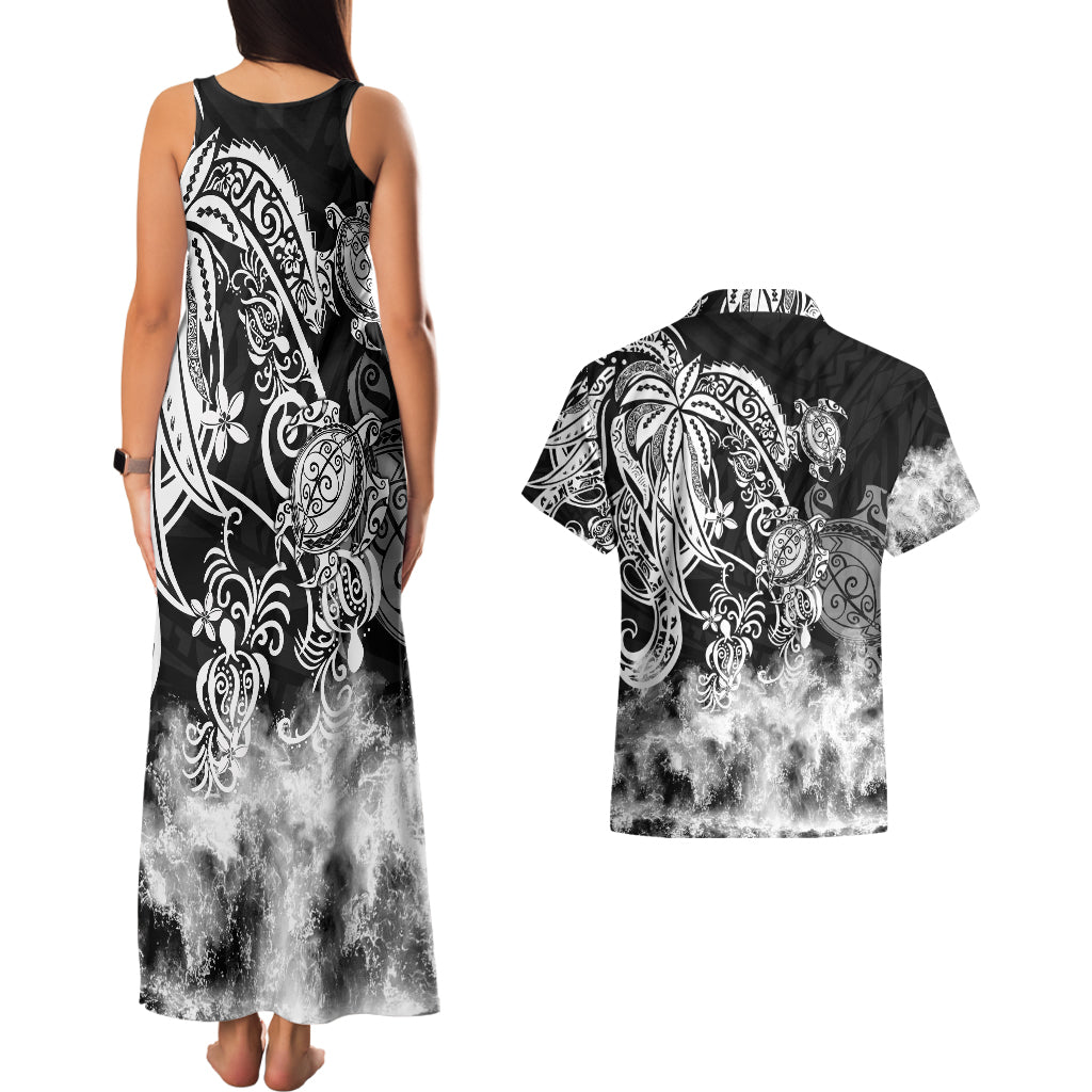 Polynesian Sea Turtle Couples Matching Tank Maxi Dress And Hawaiian Shirt Tribal Black LT6 - Wonder Print Shop