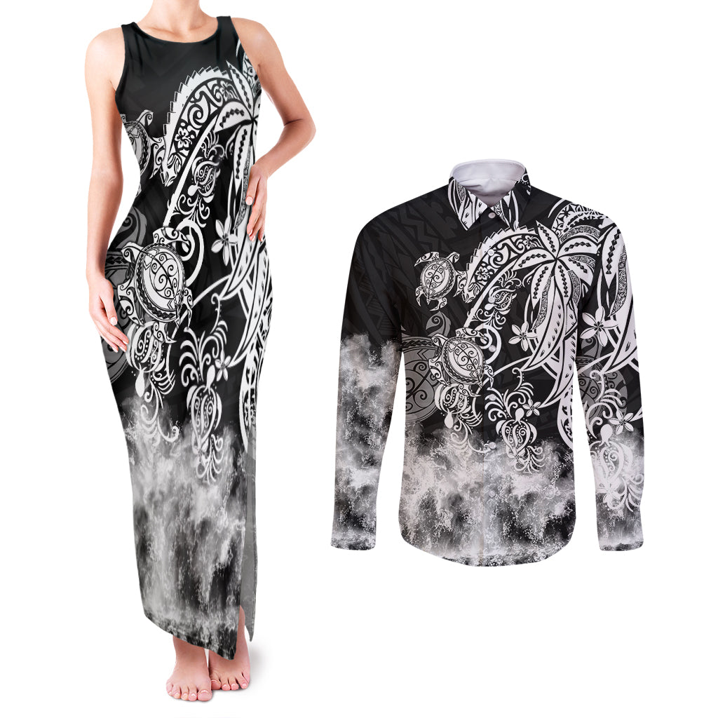 Polynesian Sea Turtle Couples Matching Tank Maxi Dress and Long Sleeve Button Shirts Tribal Black LT6 - Wonder Print Shop