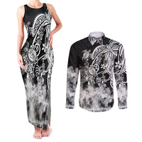 Polynesian Sea Turtle Couples Matching Tank Maxi Dress and Long Sleeve Button Shirts Tribal Black LT6 - Wonder Print Shop