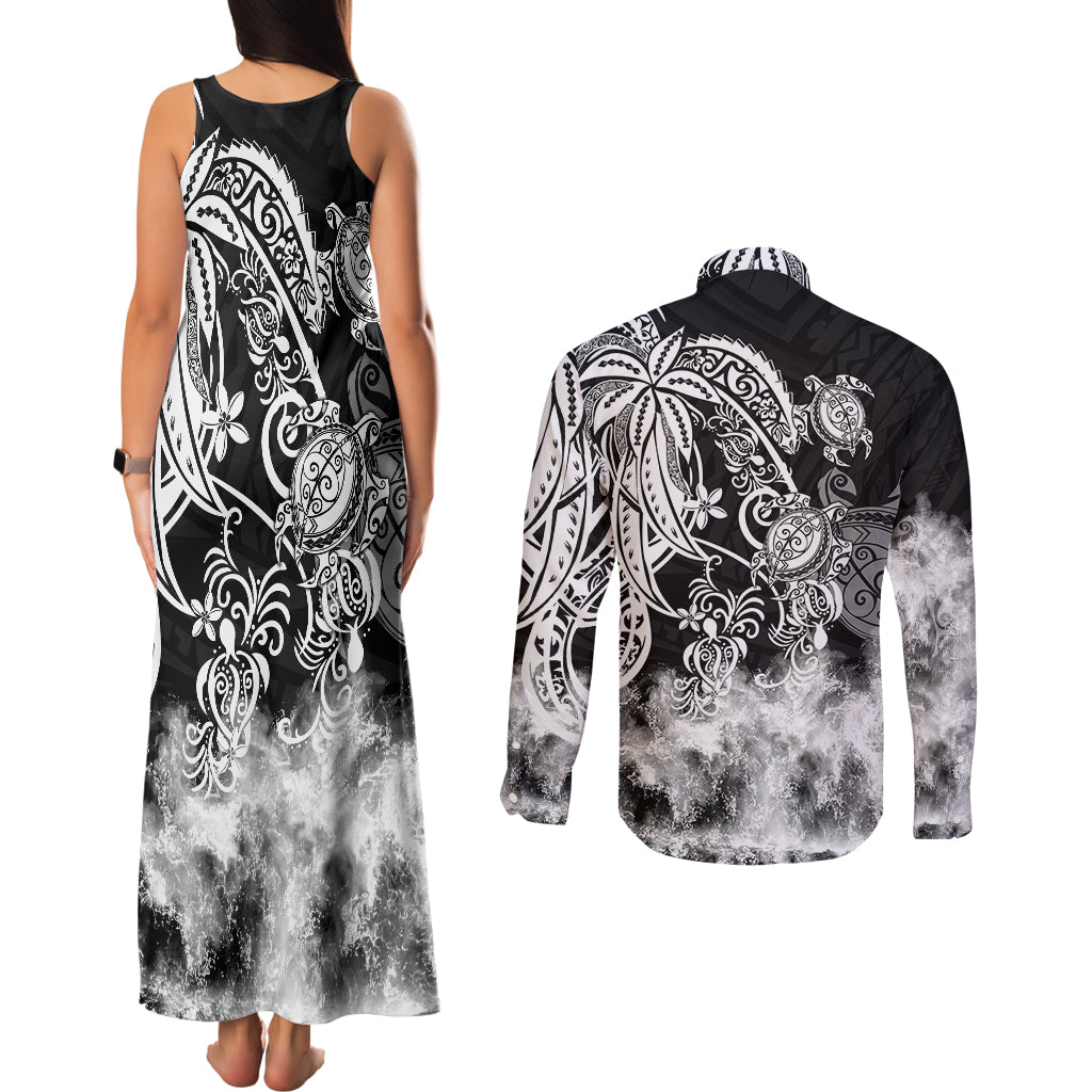 Polynesian Sea Turtle Couples Matching Tank Maxi Dress and Long Sleeve Button Shirts Tribal Black LT6 - Wonder Print Shop