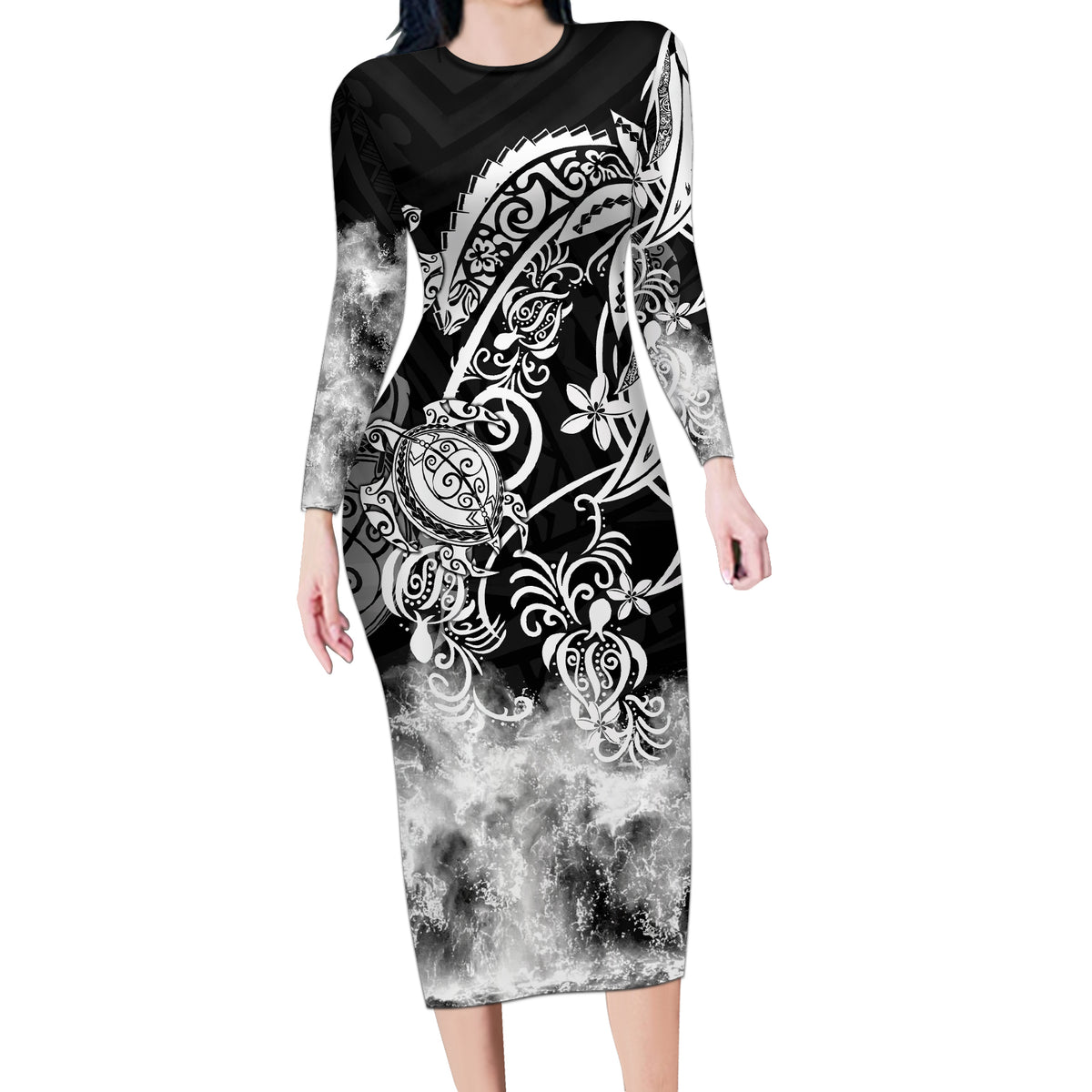 Polynesian Sea Turtle Long Sleeve Bodycon Dress Tribal Black LT6 - Wonder Print Shop