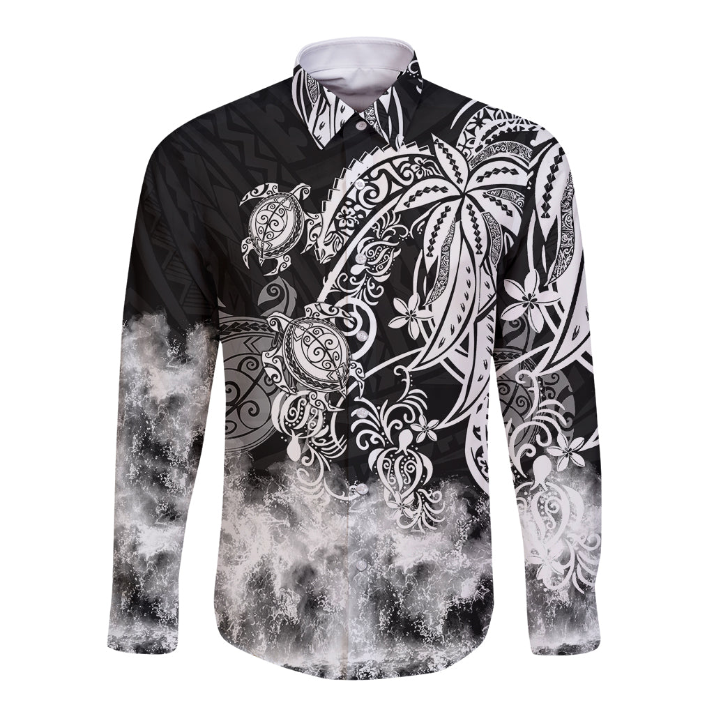 Polynesian Sea Turtle Long Sleeve Button Shirt Tribal Black LT6 - Wonder Print Shop