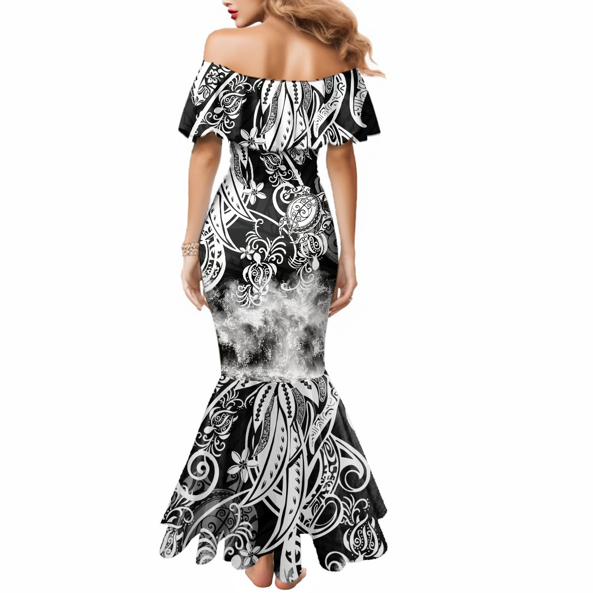 Polynesian Sea Turtle Mermaid Dress Tribal Black LT6 - Wonder Print Shop