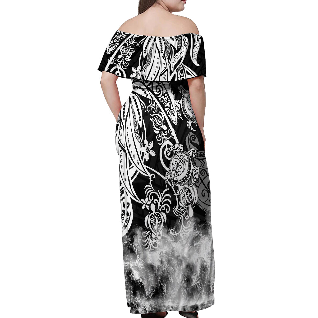 Polynesian Sea Turtle Off Shoulder Maxi Dress Tribal Black LT6 - Wonder Print Shop