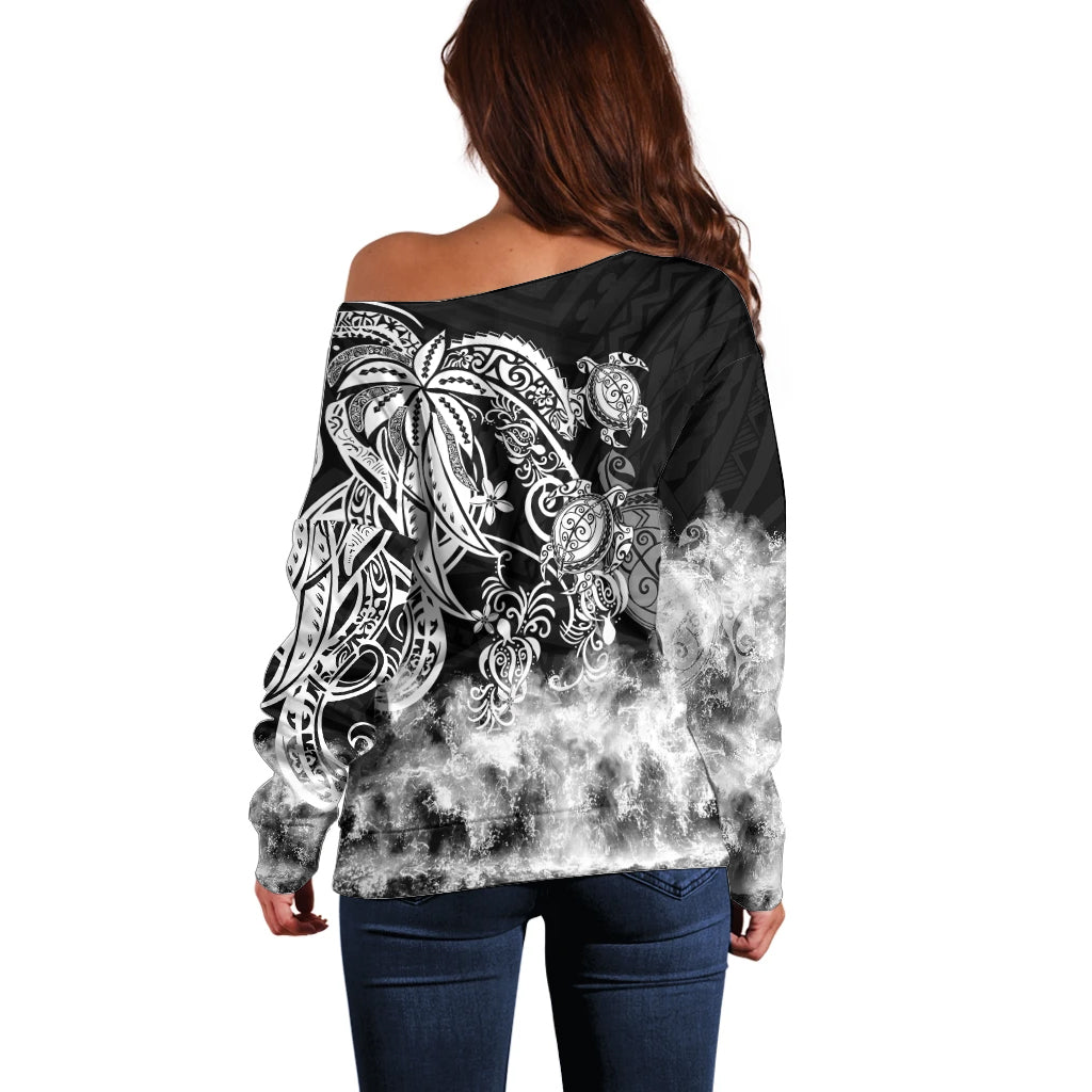 Polynesian Sea Turtle Off Shoulder Sweater Tribal Black LT6 - Wonder Print Shop