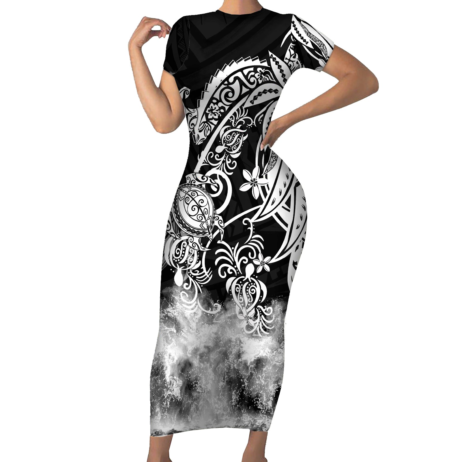 Polynesian Sea Turtle Short Sleeve Bodycon Dress Tribal Black LT6 - Wonder Print Shop