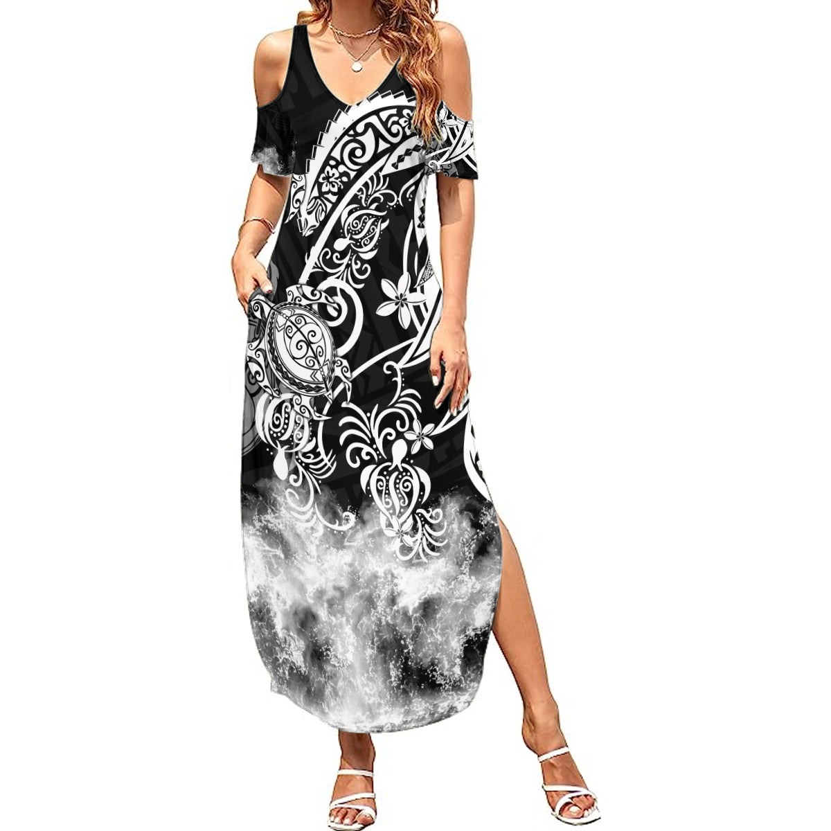 Polynesian Sea Turtle Summer Maxi Dress Tribal Black LT6 - Wonder Print Shop