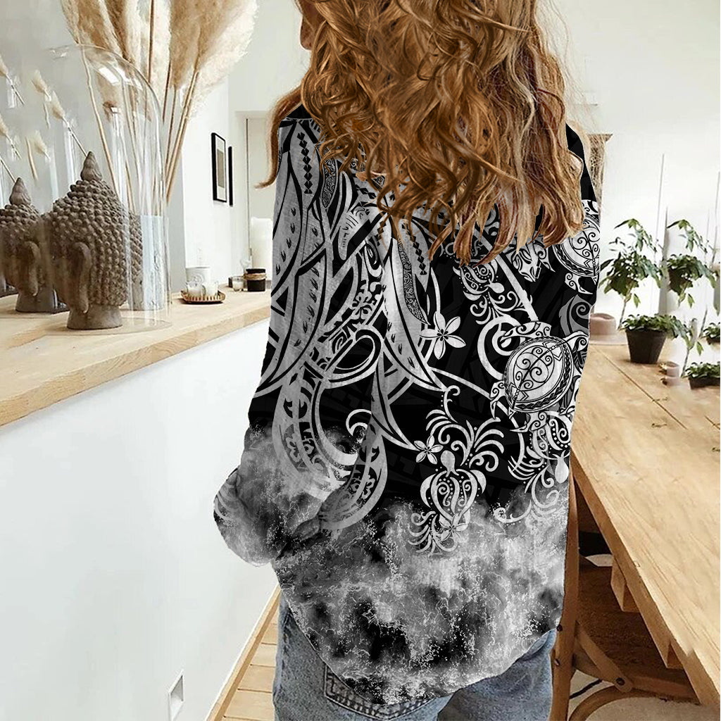 Polynesian Sea Turtle Women Casual Shirt Tribal Black LT6 - Wonder Print Shop