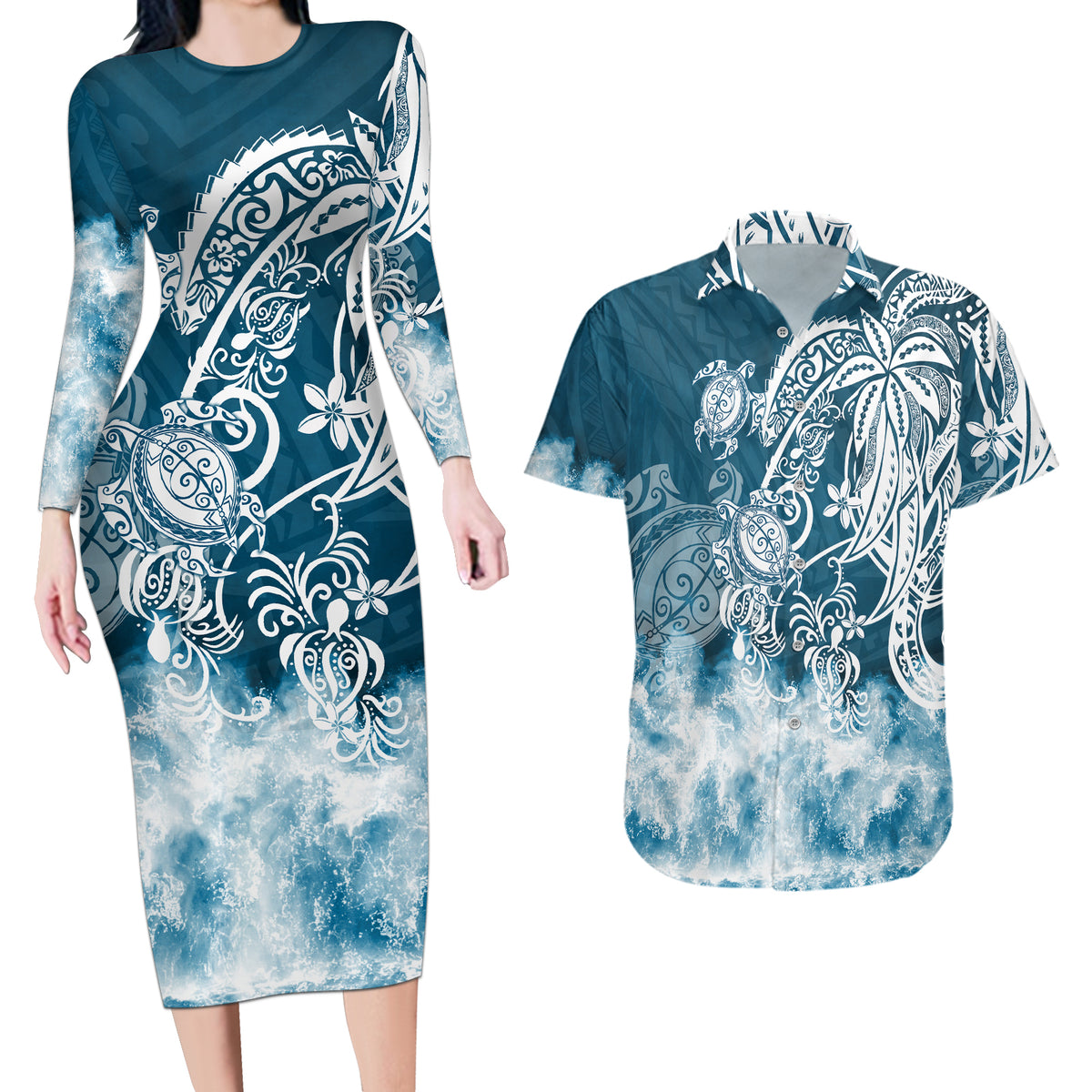Polynesian Sea Turtle Couples Matching Long Sleeve Bodycon Dress and Hawaiian Shirt Tribal Blue LT6 - Wonder Print Shop