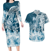 Polynesian Sea Turtle Couples Matching Long Sleeve Bodycon Dress and Hawaiian Shirt Tribal Blue LT6 - Wonder Print Shop