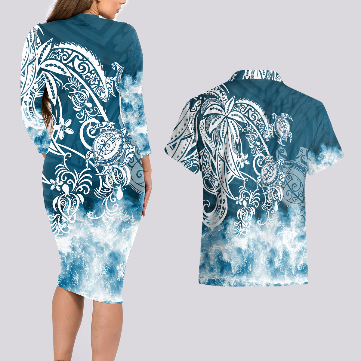 Polynesian Sea Turtle Couples Matching Long Sleeve Bodycon Dress and Hawaiian Shirt Tribal Blue LT6 - Wonder Print Shop