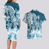 Polynesian Sea Turtle Couples Matching Long Sleeve Bodycon Dress and Hawaiian Shirt Tribal Blue LT6 - Wonder Print Shop
