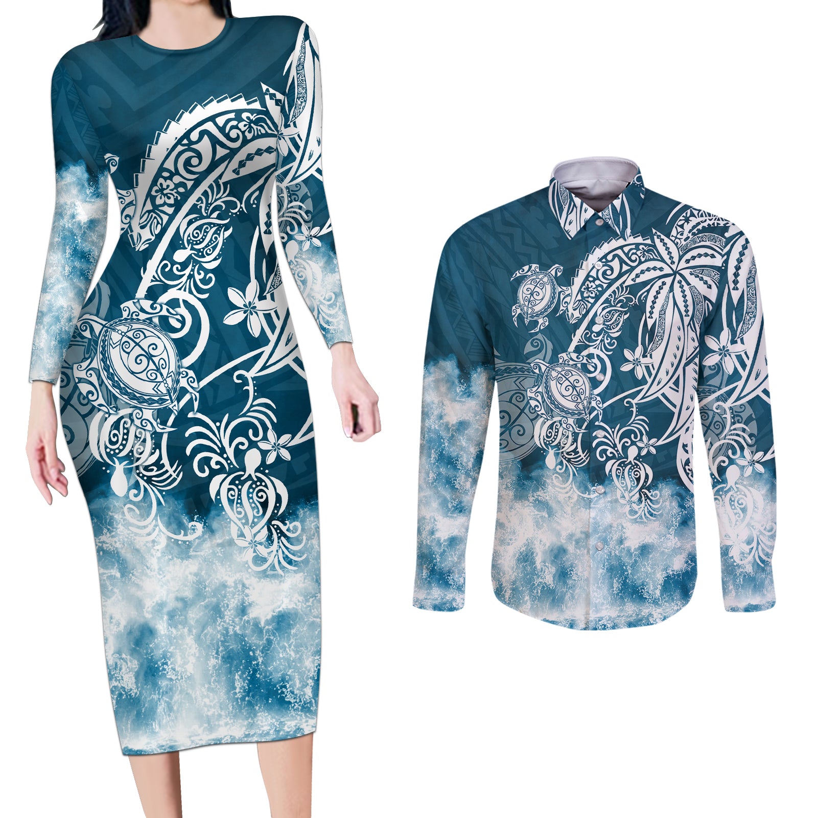 Polynesian Sea Turtle Couples Matching Long Sleeve Bodycon Dress and Long Sleeve Button Shirts Tribal Blue LT6 - Wonder Print Shop