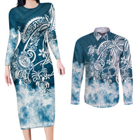 Polynesian Sea Turtle Couples Matching Long Sleeve Bodycon Dress and Long Sleeve Button Shirts Tribal Blue LT6 - Wonder Print Shop
