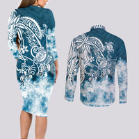 Polynesian Sea Turtle Couples Matching Long Sleeve Bodycon Dress and Long Sleeve Button Shirts Tribal Blue LT6 - Wonder Print Shop