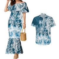 Polynesian Sea Turtle Couples Matching Mermaid Dress And Hawaiian Shirt Tribal Blue LT6 - Wonder Print Shop