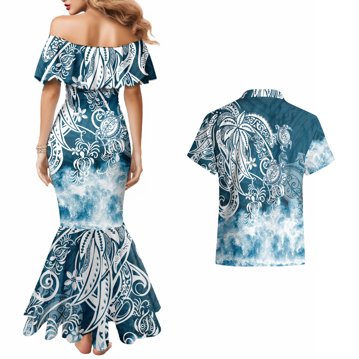 Polynesian Sea Turtle Couples Matching Mermaid Dress And Hawaiian Shirt Tribal Blue LT6 - Wonder Print Shop
