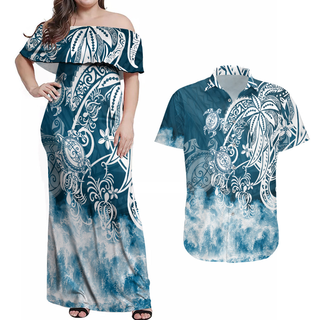 Polynesian Sea Turtle Couples Matching Off Shoulder Maxi Dress and Hawaiian Shirt Tribal Blue LT6 - Wonder Print Shop